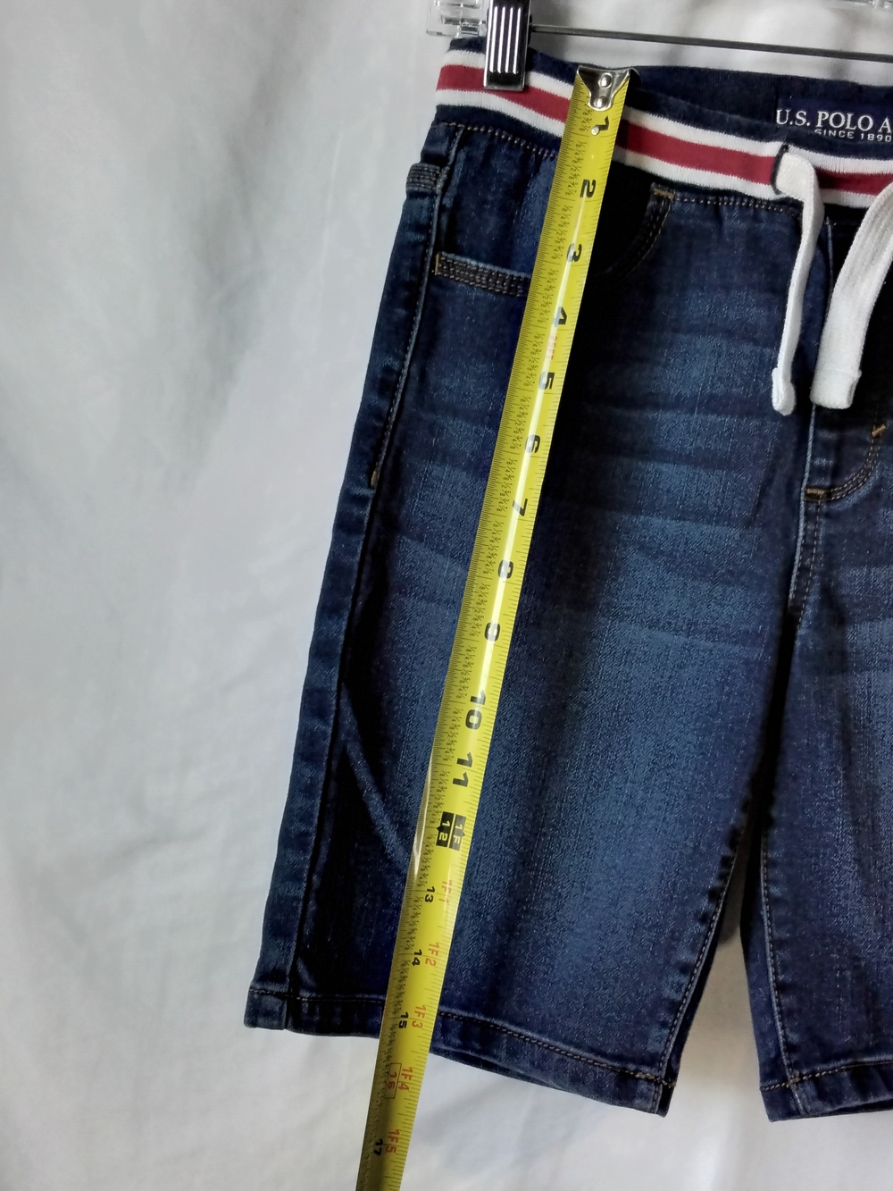 U.S. Polo Assn. Navy Denim-Look Drawstring Kids Shorts with Red & White Trim - Picture 3 of 7